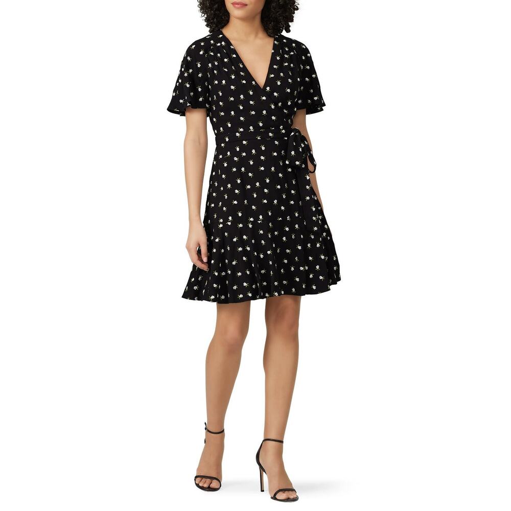Jill Jill Stuart Black Floral Print V-Neck Wrap Short Sleeve Mini Dress Size 14